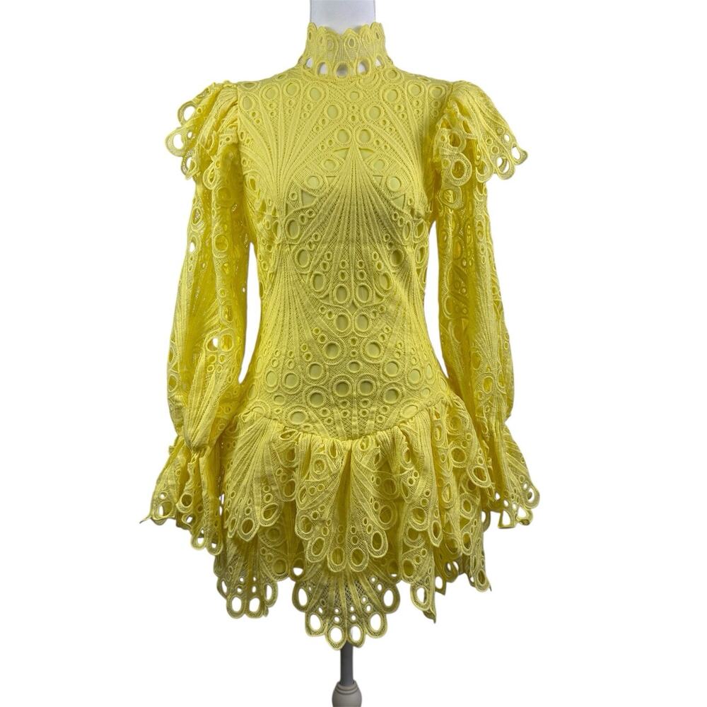 NWT Yellow Lotus Eyelet Lace Dress Small Castlecore Mini Ruffle Drop Waist